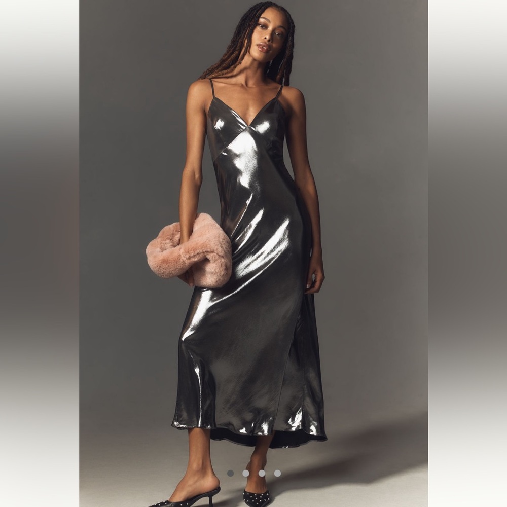 Anthropologie Metallic V-Neck Midi Slip Dress